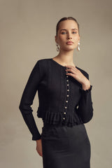 Pointelle Ruffle Cardi - Black