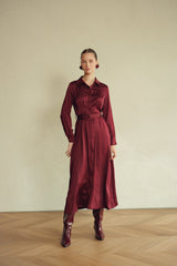 Pintuck Midi Dress - Burgundy, detail