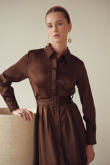 Pintuck Midi Dress - Brown, detail