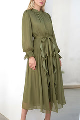 Metallic Pleated Dress Olive