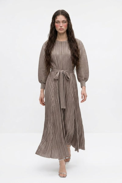 micro pleated dress Micro-pleated Belted – TR Runway Color:SEA OF FISH OFF-WHITE Eliza J Printed Sleeveless Crinoline support in skirt zebra